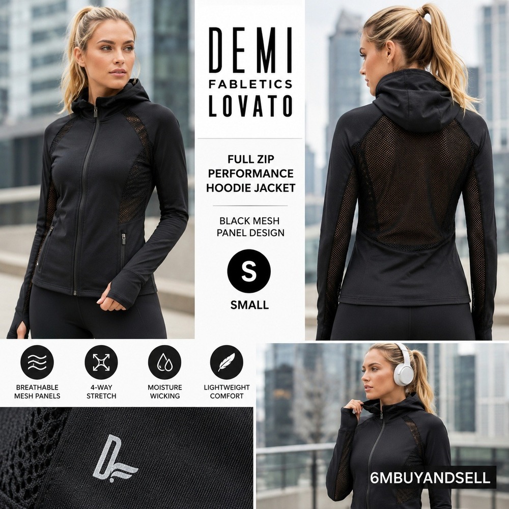 Demi Lovato for Fabletics Black Mesh Panel Full Zip Performance Hoodie Jacket S